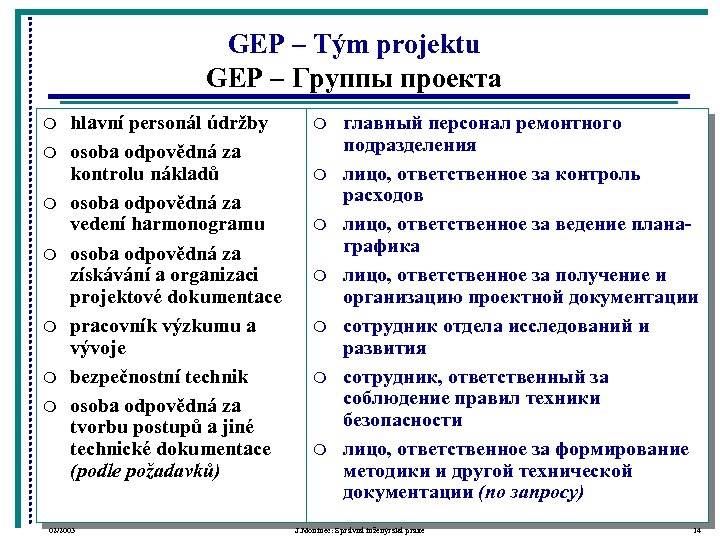 GEP – Tým projektu GEP – Группы проекта m m m m hlavní personál