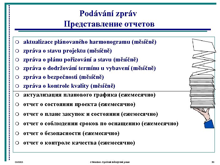 Podávání zpráv Представление отчетов m aktualizace plánovaného harmonogramu (měsíčně) zpráva o stavu projektu (měsíčně)