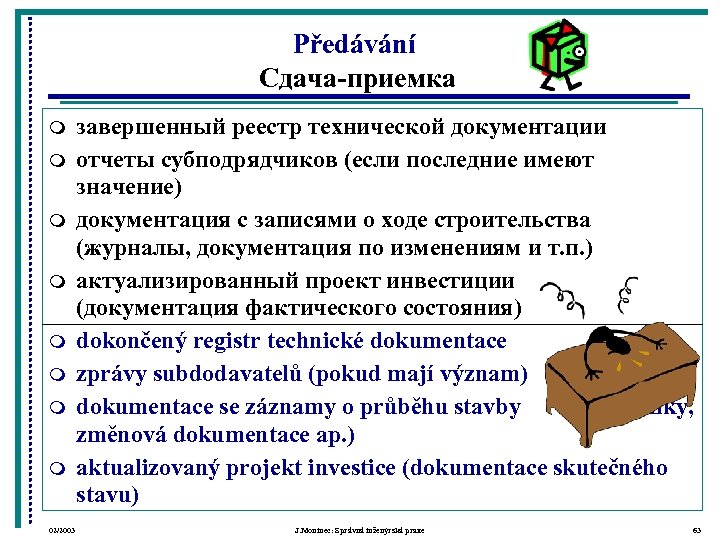 Předávání Сдача-приемка m m m m 02/2003 завершенный реестр технической документации отчеты субподрядчиков (если