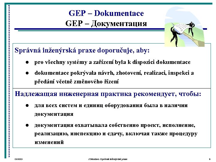 GEP – Dokumentace GEP – Документация Správná inženýrská praxe doporučuje, aby: l pro všechny