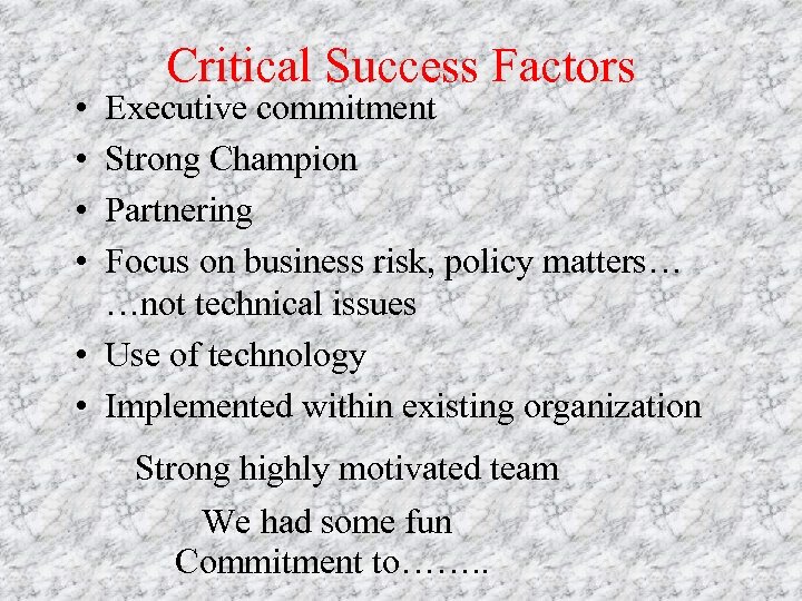  • • Critical Success Factors Executive commitment Strong Champion Partnering Focus on business
