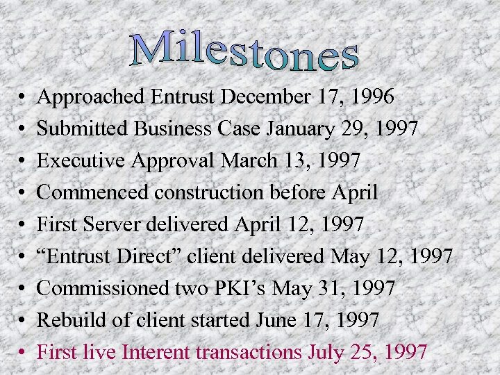  • • • Approached Entrust December 17, 1996 Submitted Business Case January 29,