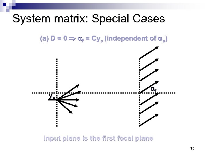 System matrix: Special Cases (a) D = 0 f = Cyo (independent of o)