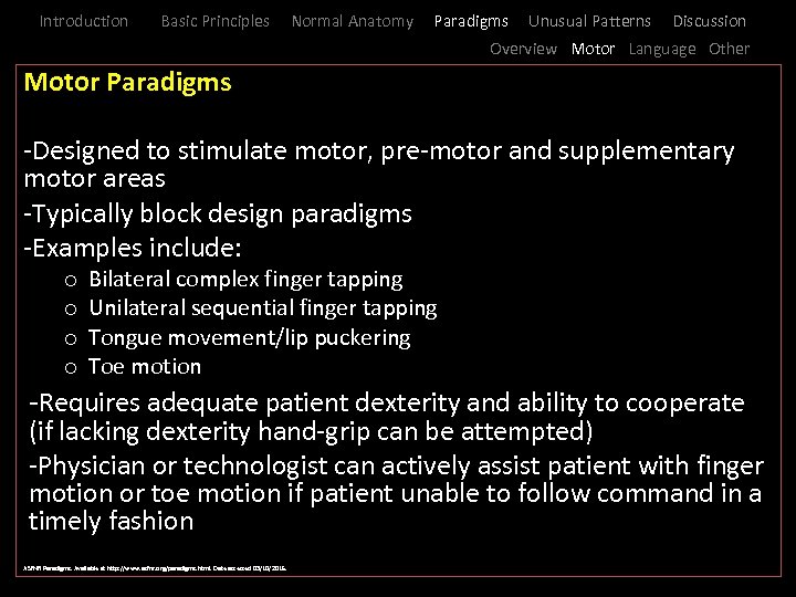 Introduction Basic Principles Normal Anatomy Paradigms Unusual Patterns Discussion Overview Motor Language Other Motor