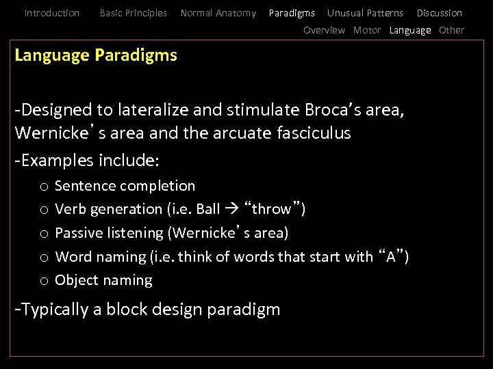 Introduction Basic Principles Normal Anatomy Paradigms Unusual Patterns Discussion Overview Motor Language Other L