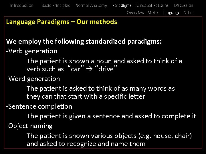 Introduction Basic Principles Normal Anatomy Paradigms Unusual Patterns Discussion Overview Motor Language Other Language