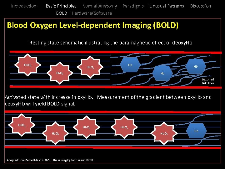 Introduction Basic Principles Normal Anatomy BOLD Hardware/Software Paradigms Unusual Patterns Discussion Blood Oxygen Level-dependent