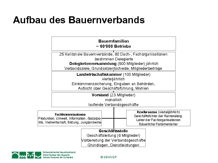 Aufbau des Bauernverbands Bauernfamilien ~ 60‘ 000 Betriebe 25 Kantonale Bauernverbände, 60 Dach-, Fachorganisationen