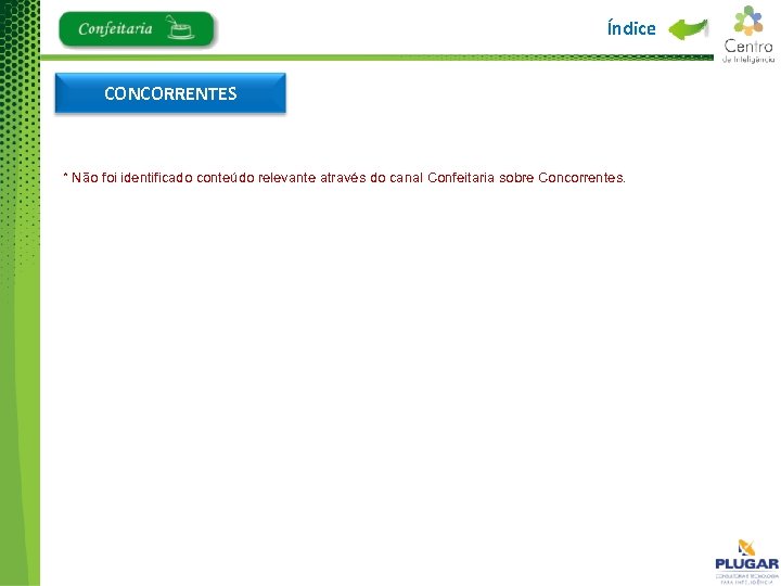 Índice CONCORRENTES * Não foi identificado conteúdo relevante através do canal Confeitaria sobre Concorrentes.