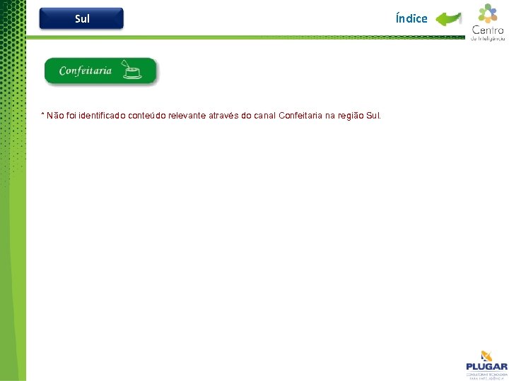 Sul * Não foi identificado conteúdo relevante através do canal Confeitaria na região Sul.