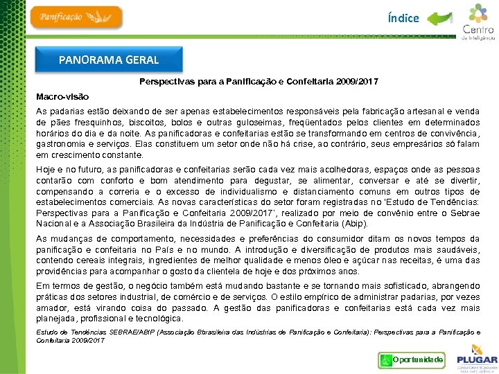 Índice PANORAMA GERAL Perspectivas para a Panificação e Confeitaria 2009/2017 Macro-visão As padarias estão