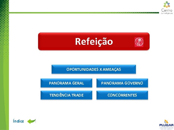 Refeição OPORTUNIDADES X AMEAÇAS PANORAMA GERAL TENDÊNCIA TRADE Índice PANORAMA GOVERNO CONCORRENTES 