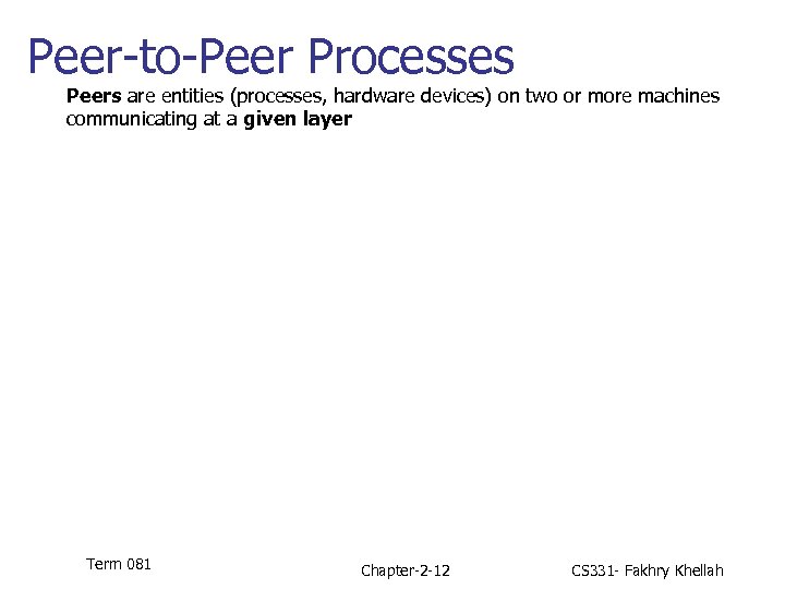 Peer-to-Peer Processes Peers are entities (processes, hardware devices) on two or more machines communicating
