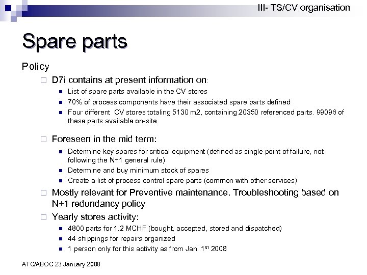 III- TS/CV organisation Spare parts Policy ¨ D 7 i contains at present information