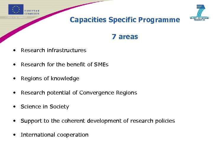 Capacities Specific Programme 7 areas • Research infrastructures • Research for the benefit of