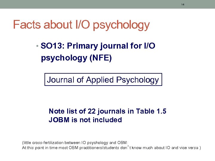 14 Facts about I/O psychology • SO 13: Primary journal for I/O psychology (NFE)