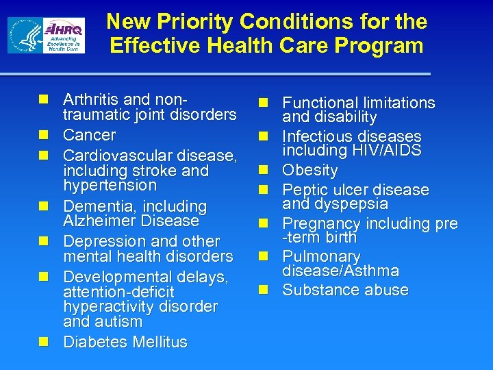 New Priority Conditions for the Effective Health Care Program n Arthritis and nontraumatic joint