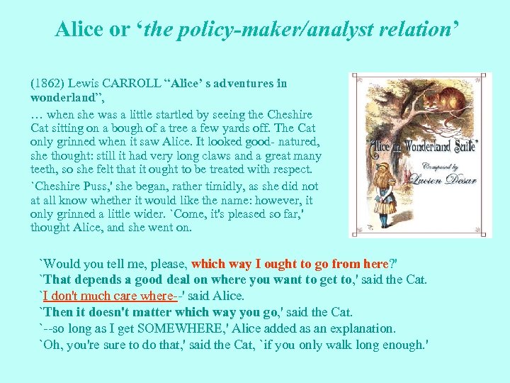 Alice or ‘the policy-maker/analyst relation’ (1862) Lewis CARROLL “Alice’ s adventures in wonderland”, wonderland