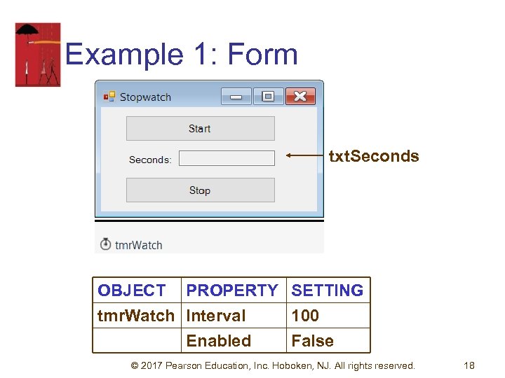 Example 1: Form txt. Seconds OBJECT PROPERTY SETTING tmr. Watch Interval 100 Enabled False