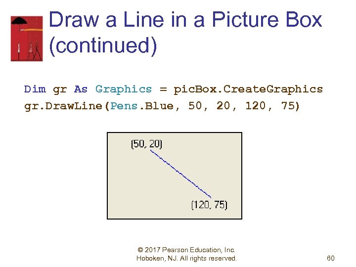 Draw a Line in a Picture Box (continued) Dim gr As Graphics = pic.