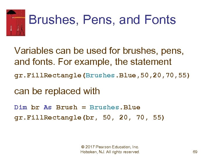 Brushes, Pens, and Fonts Variables can be used for brushes, pens, and fonts. For