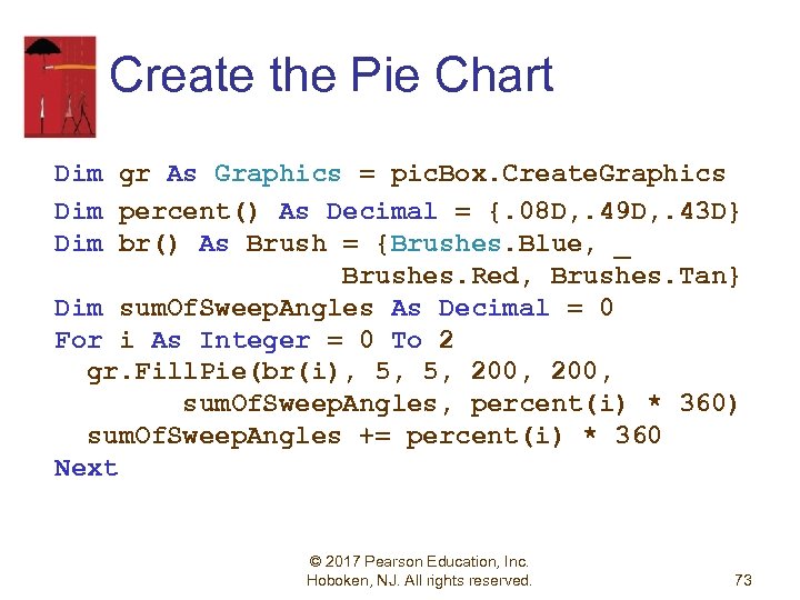 Create the Pie Chart Dim gr As Graphics = pic. Box. Create. Graphics Dim