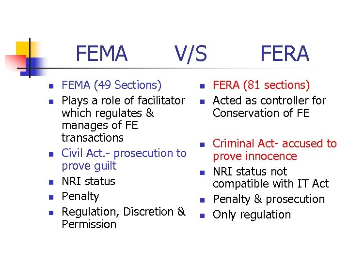 FEMA n n n V/S FEMA (49 Sections) Plays a role of facilitator which