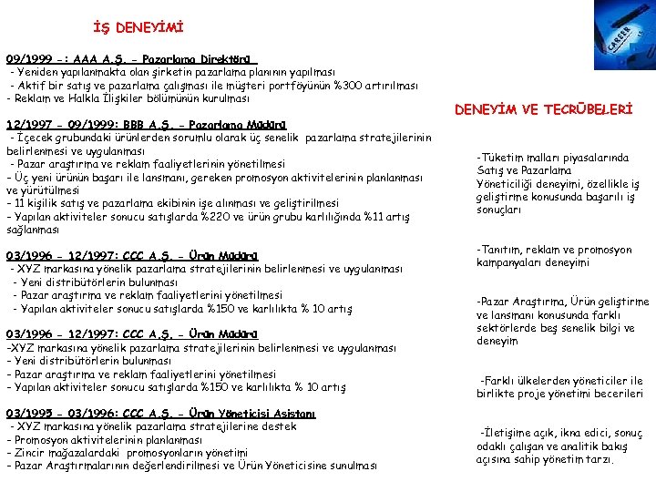 İŞ DENEYİMİ 09/1999 -: AAA A. Ş. - Pazarlama Direktörü - Yeniden yapılanmakta olan