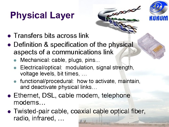 Physical Layer Transfers bits across link Definition & specification of the physical aspects of