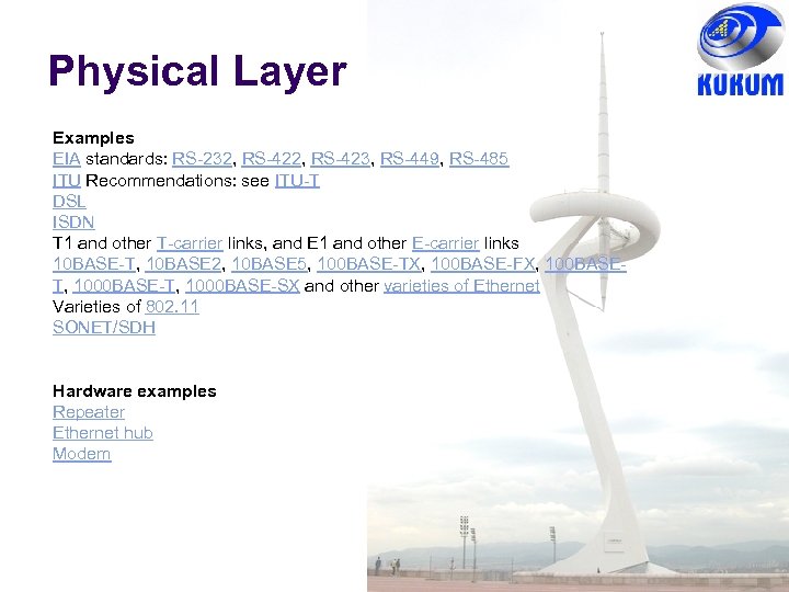 Physical Layer Examples EIA standards: RS-232, RS-423, RS-449, RS-485 ITU Recommendations: see ITU-T DSL