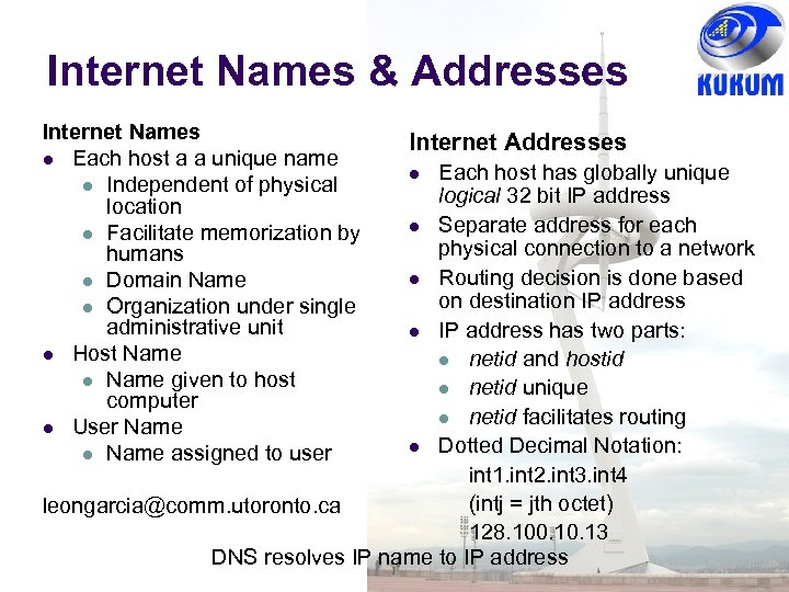 Internet Names & Addresses Internet Names Each host a a unique name Independent of