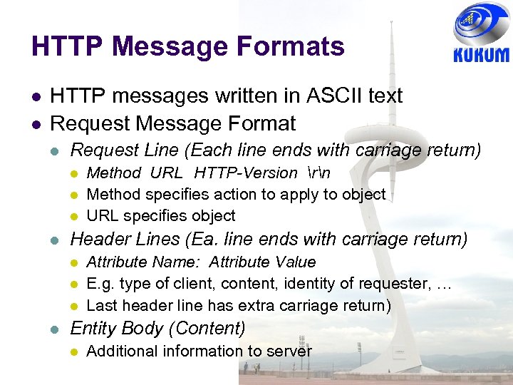 HTTP Message Formats HTTP messages written in ASCII text Request Message Format Request Line