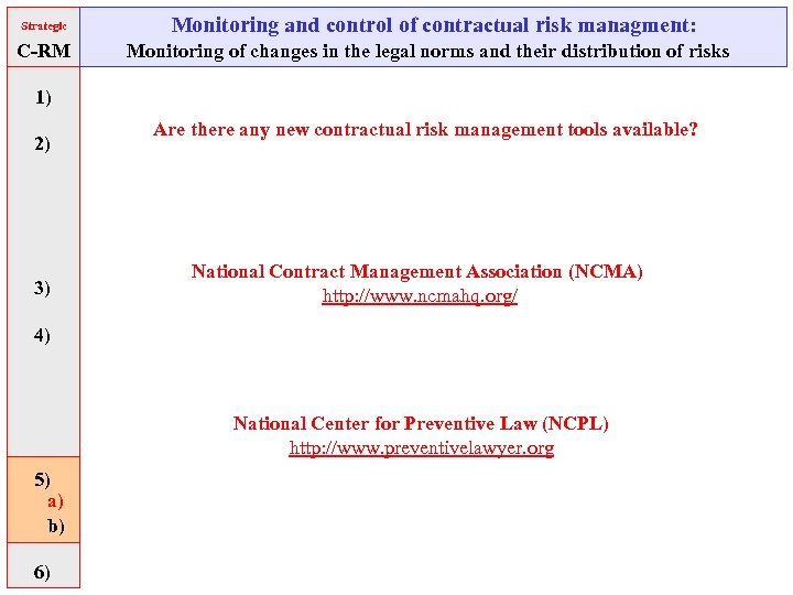 Strategic C-RM Monitoring and control of contractual risk managment: Monitoring of changes in the