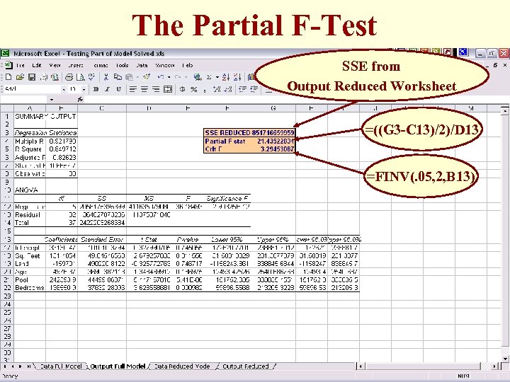 The Partial F-Test SSE from Output Reduced Worksheet =((G 3 -C 13)/2)/D 13 =FINV(.