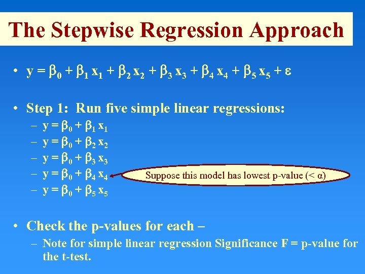 The Stepwise Regression Approach • y = 0 + 1 x 1 + 2