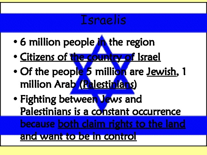 Israelis • 6 million people in the region • Citizens of the country of