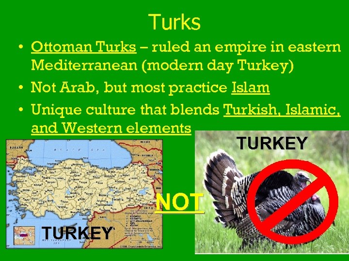 Turks • Ottoman Turks – ruled an empire in eastern Mediterranean (modern day Turkey)