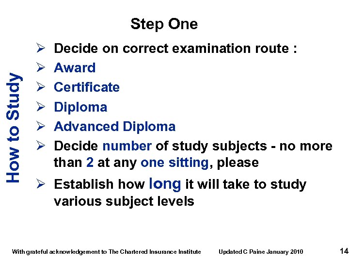 How to Study Step One Ø Ø Ø Decide on correct examination route :