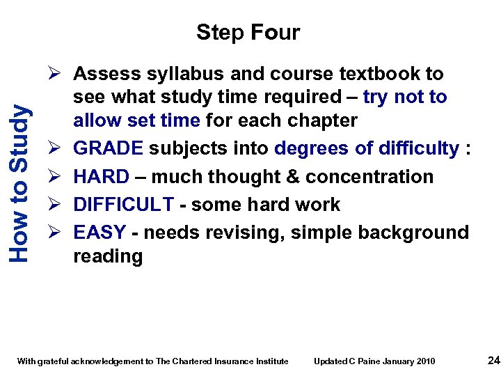 How to Study Step Four Ø Assess syllabus and course textbook to see what