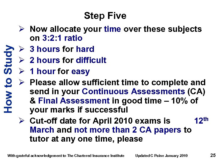How to Study Step Five Ø Now allocate your time over these subjects on