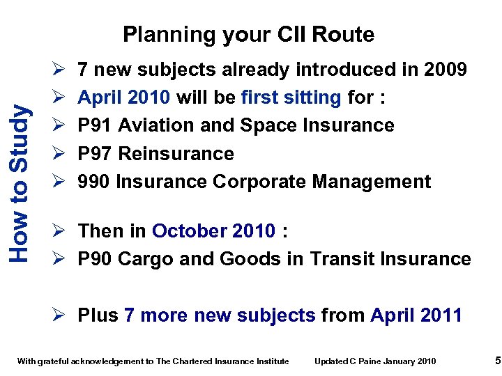 How to Study Planning your CII Route Ø Ø Ø 7 new subjects already