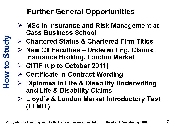 How to Study Further General Opportunities Ø MSc in Insurance and Risk Management at