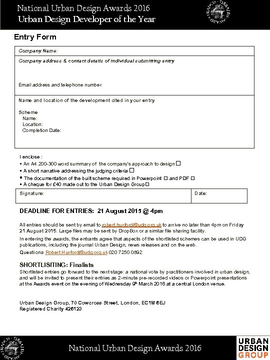 National Urban Design Awards 2016 Urban Design Developer of the Year Entry Form Company