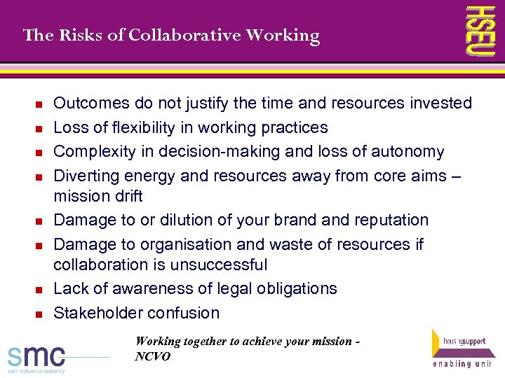 The Risks of Collaborative Working n n n n Outcomes do not justify the
