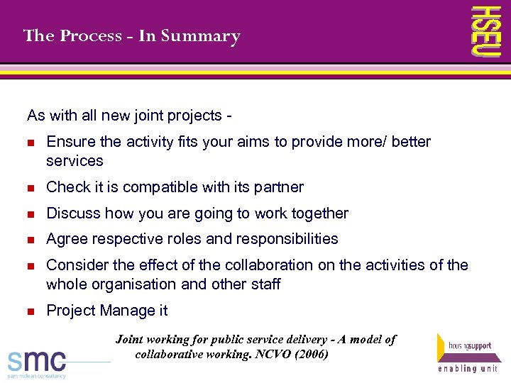 The Process - In Summary As with all new joint projects n Ensure the