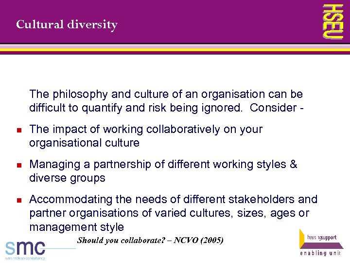 Cultural diversity The philosophy and culture of an organisation can be difficult to quantify