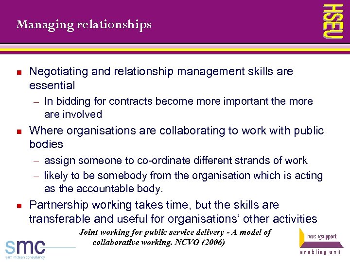 Managing relationships n Negotiating and relationship management skills are essential ─ n Where organisations