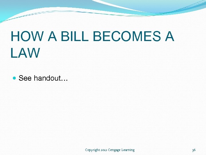 HOW A BILL BECOMES A LAW See handout… Copyright 2012 Cengage Learning 36 