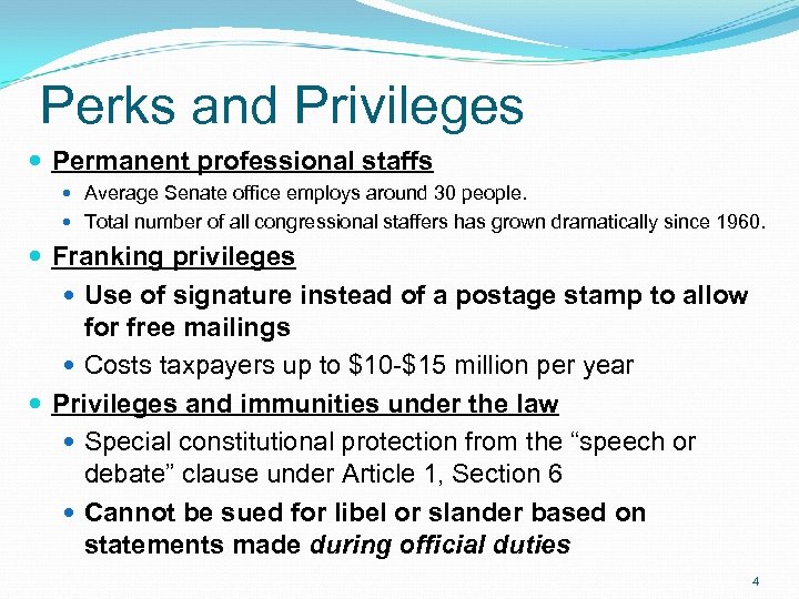 Perks and Privileges Permanent professional staffs Average Senate office employs around 30 people. Total