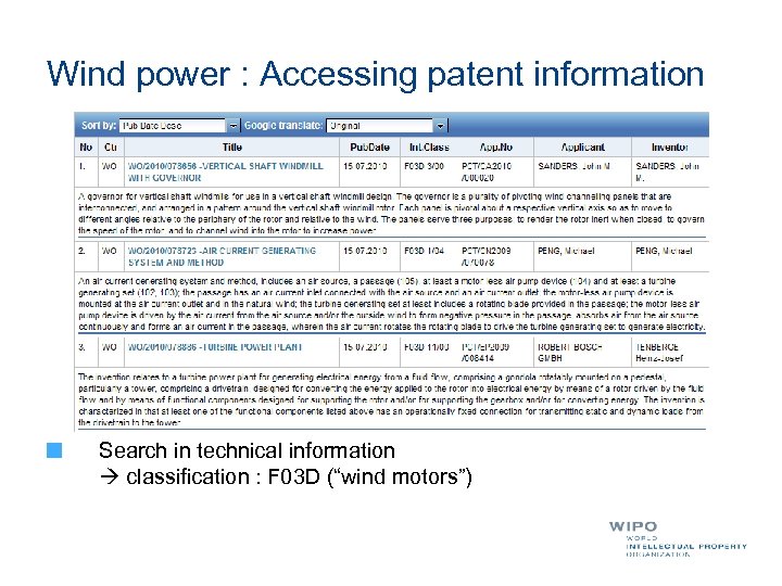 Wind power : Accessing patent information Search in technical information classification : F 03